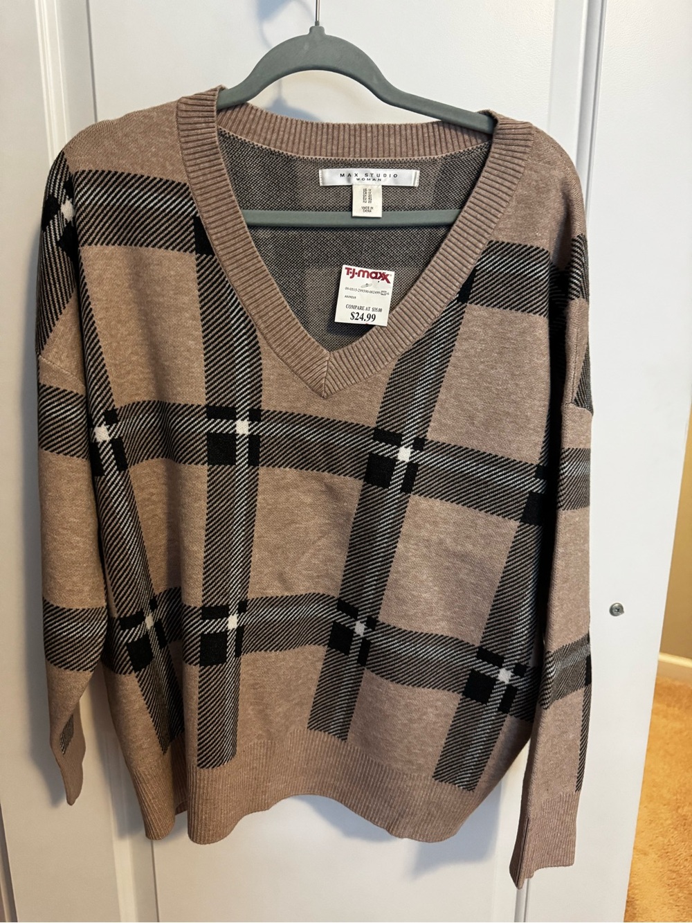 Max Studio Taupe & Black Plaid V-Neck Sweater